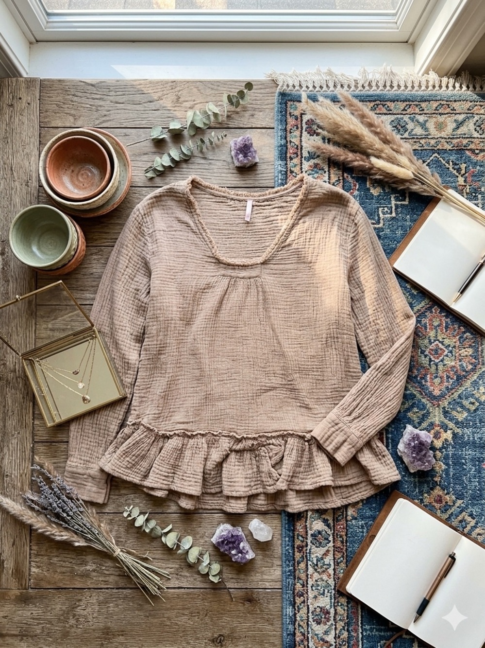 Free People Women's Ruffle Hem Gauze Top - Beige oversized